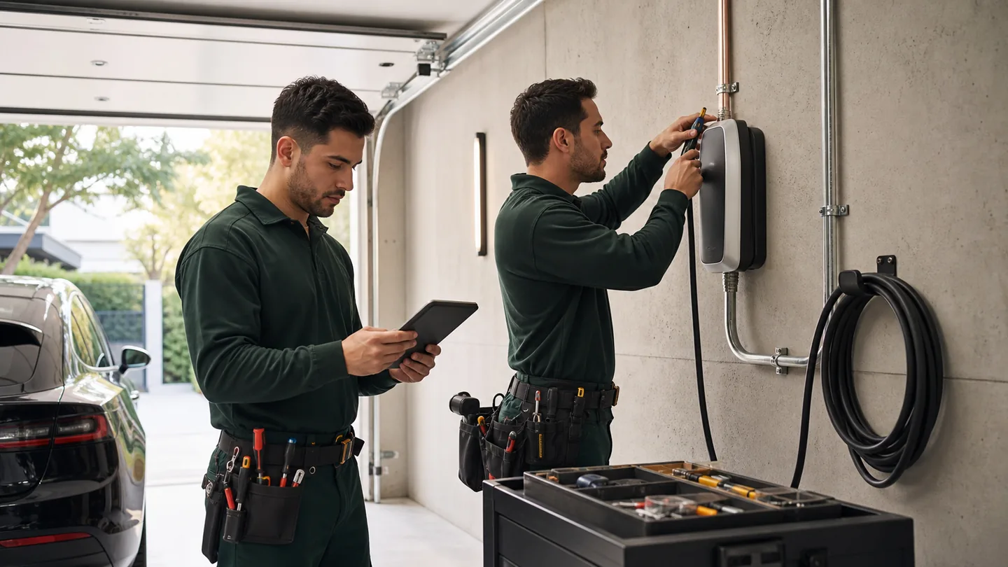 Two electricians completing and documenting a professional residential EV charger installation