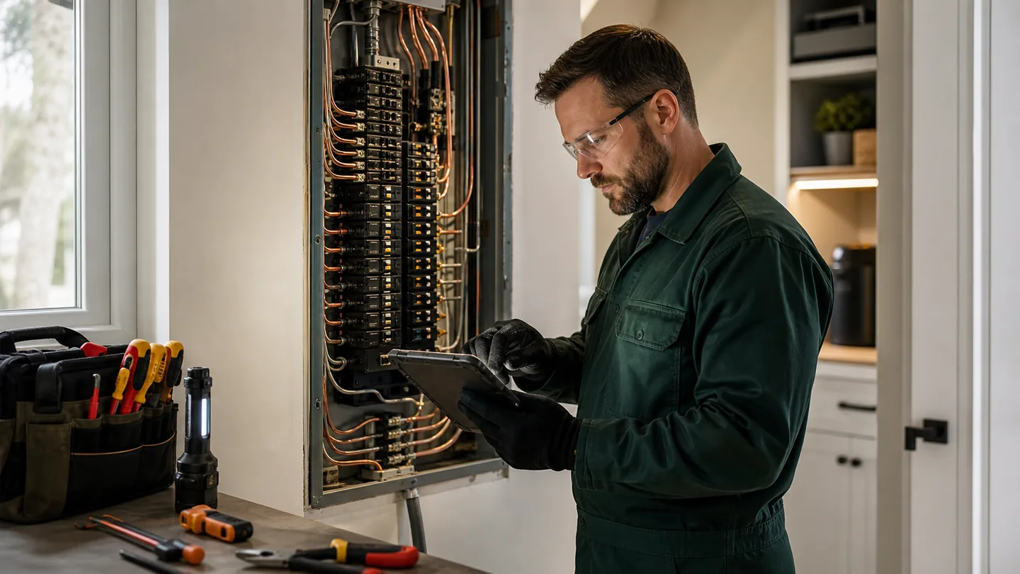 Professional electrician inspecting a modern residential electrical panel while using a rugged tablet
