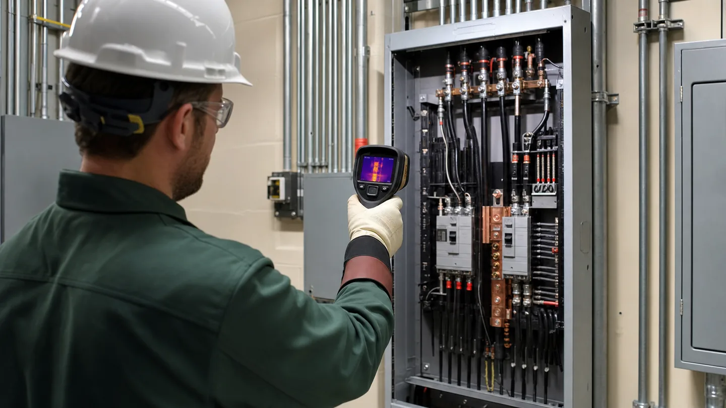 Electrician performing a thermal inspection of a commercial electrical distribution panel