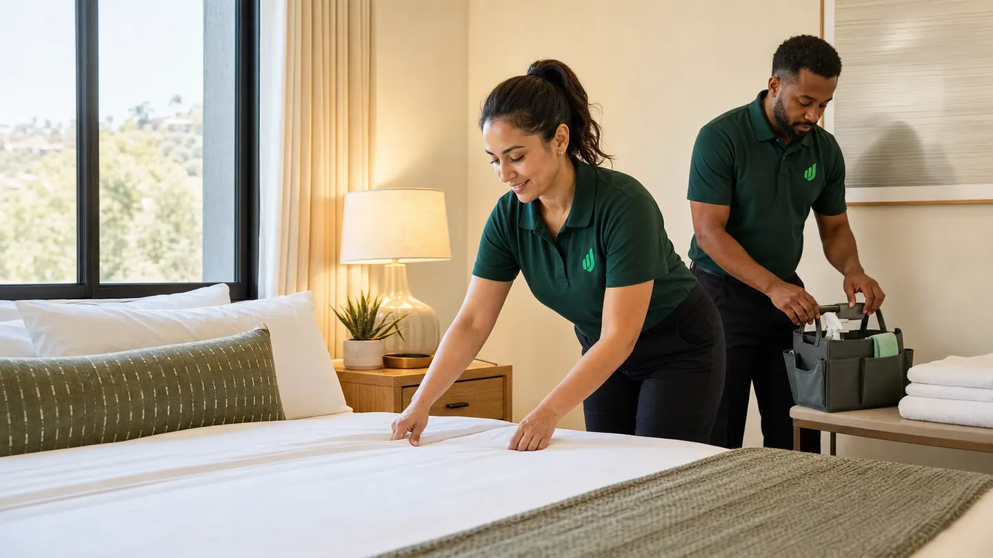 Two Aureo Job housekeeping professionals resetting an upscale short-term rental bedroom