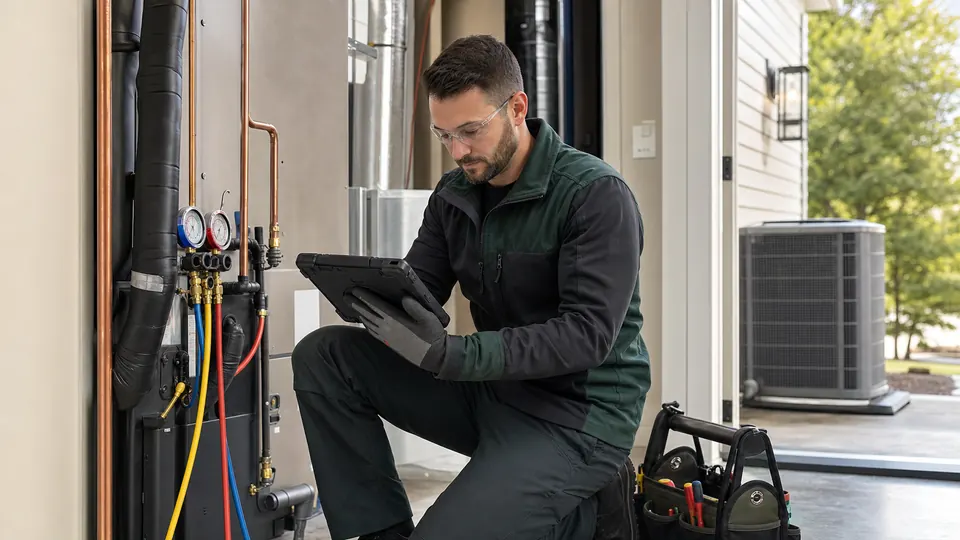 HVAC service photo with interactive markers for pressure readings, equipment and property context