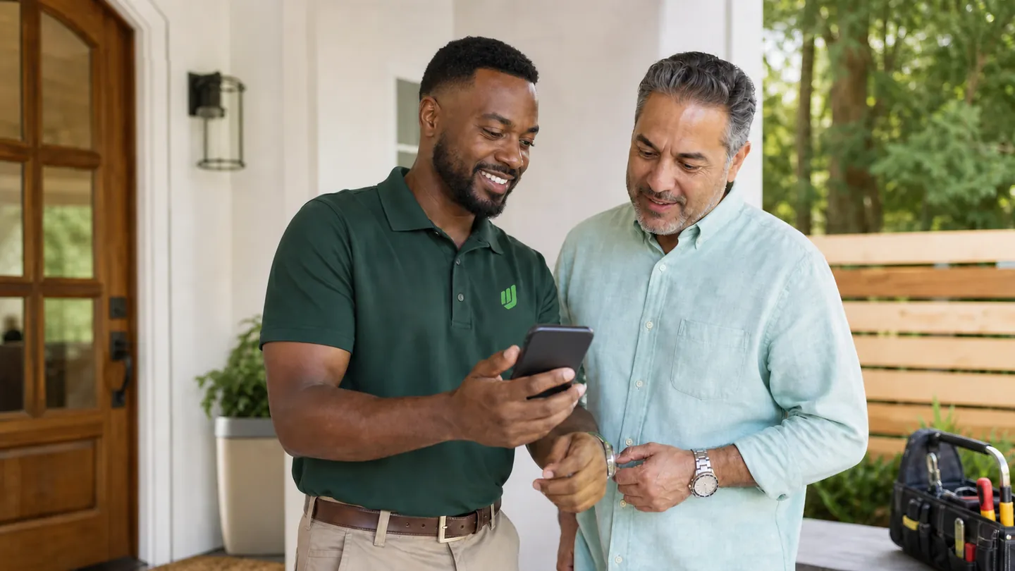Aureo Job technician reviewing completed service with a homeowner outside a modern home