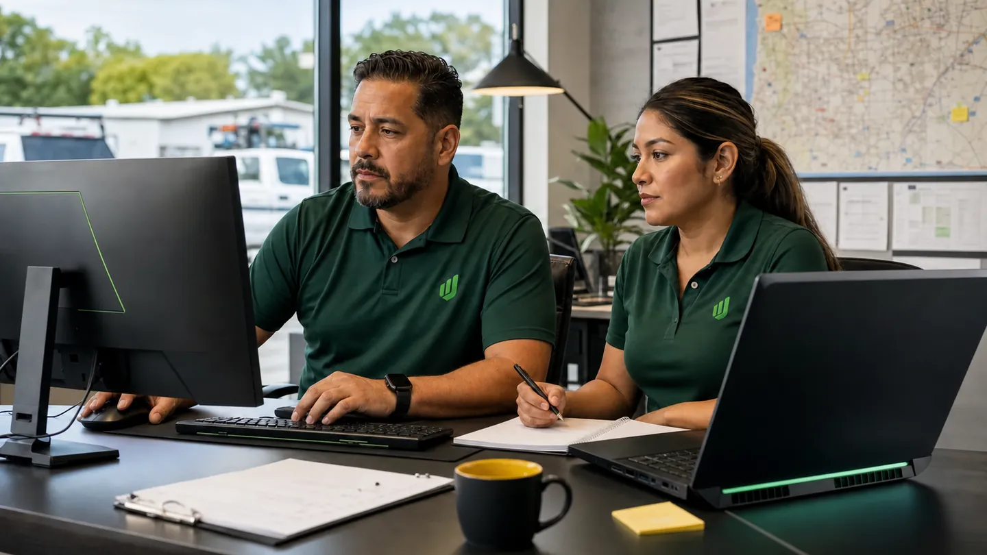Field service dispatcher using an angular high-performance desktop workstation to coordinate Aureo Job crews