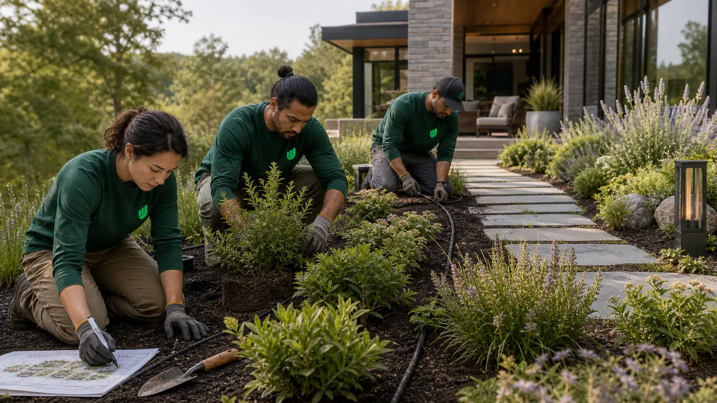 Aureo Job landscaping crew installing plants and irrigation at a modern home