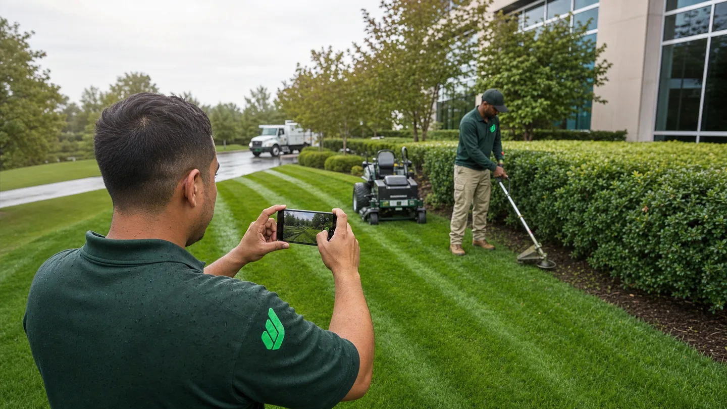 Aureo Job landscaping crew documenting a completed commercial maintenance visit