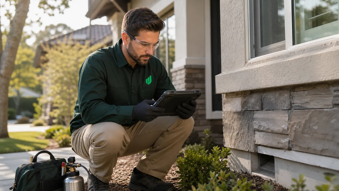 Aureo Job pest control technician inspecting a residential foundation while documenting the visit on a tablet