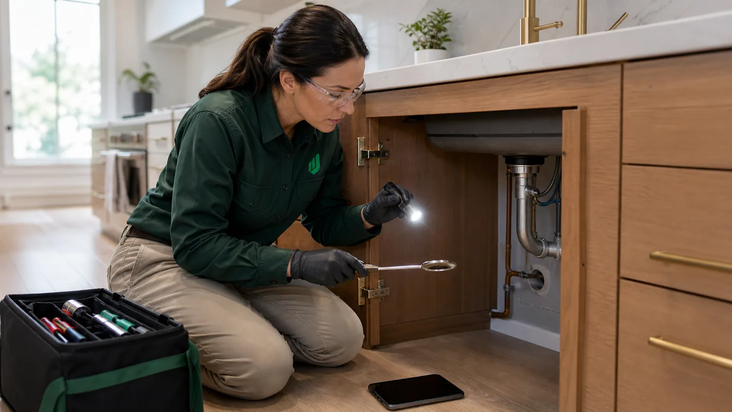 Aureo Job pest control technician inspecting kitchen plumbing entry points with a flashlight and mirror