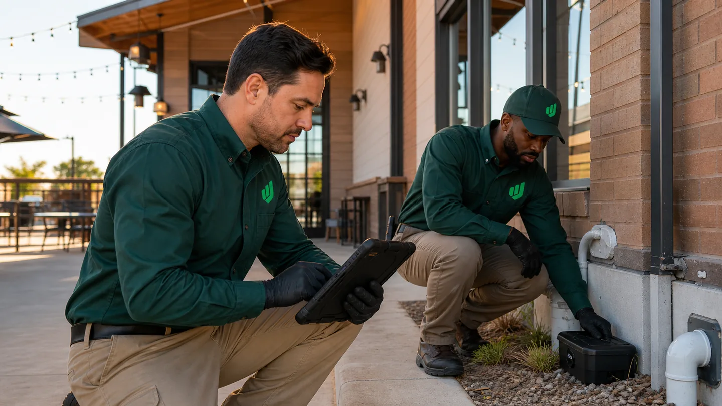 Two Aureo Job pest control technicians completing a preventative commercial perimeter service