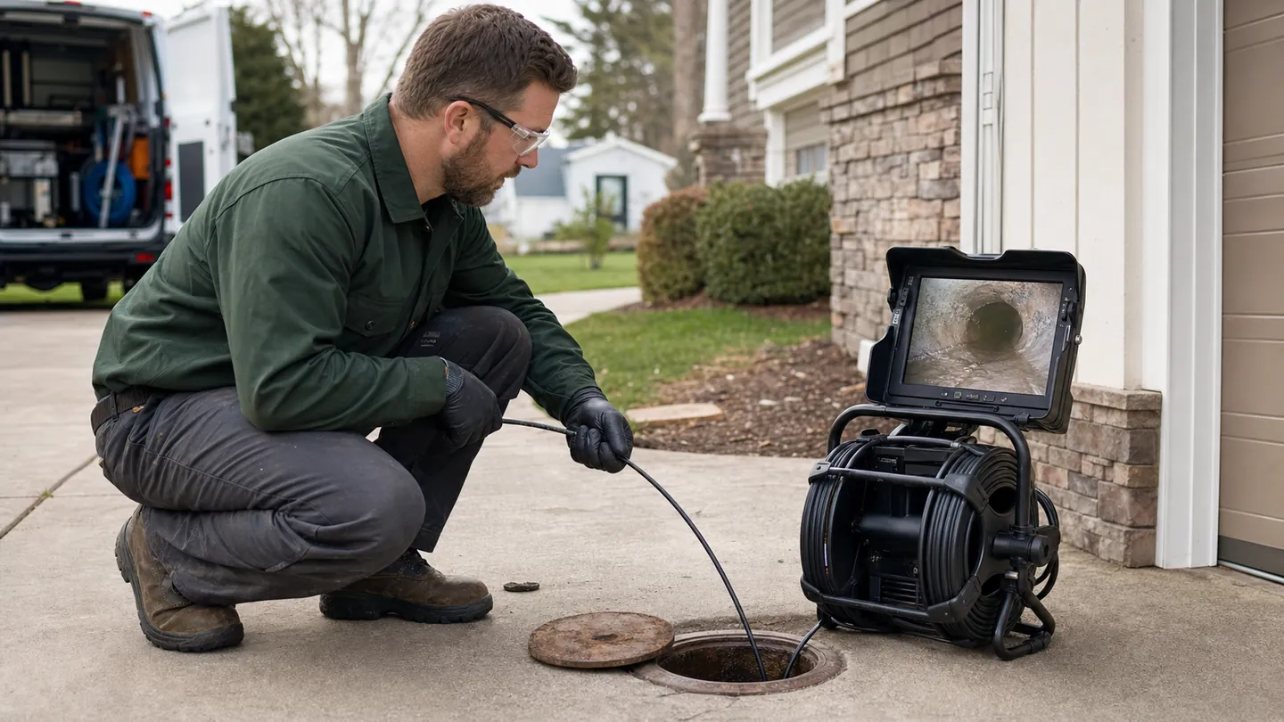 Plumber performing a residential sewer camera inspection with interactive markers