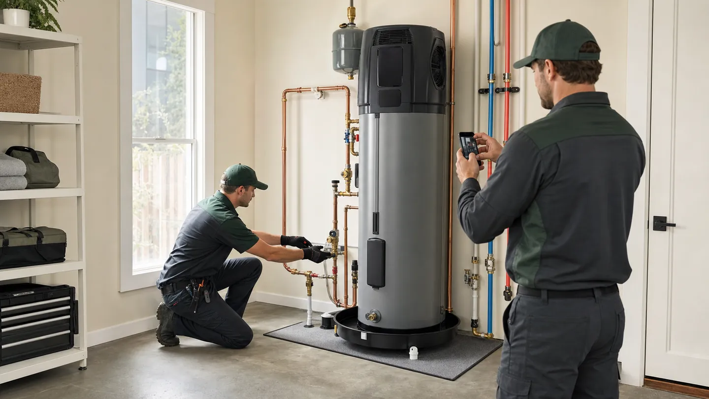 Two plumbers completing and documenting a professional heat-pump water-heater installation
