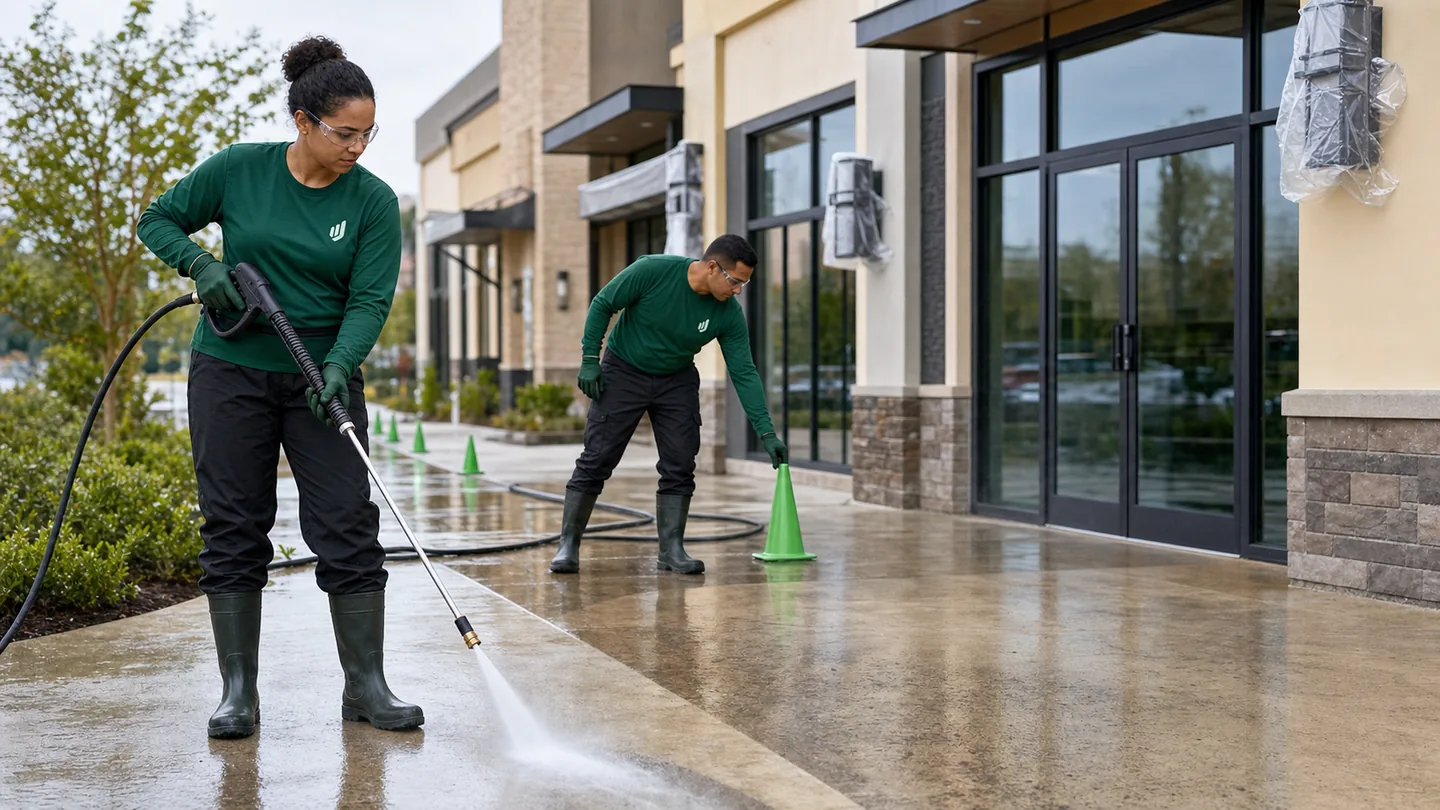 Aureo Job pressure washing technician cleaning a commercial walkway