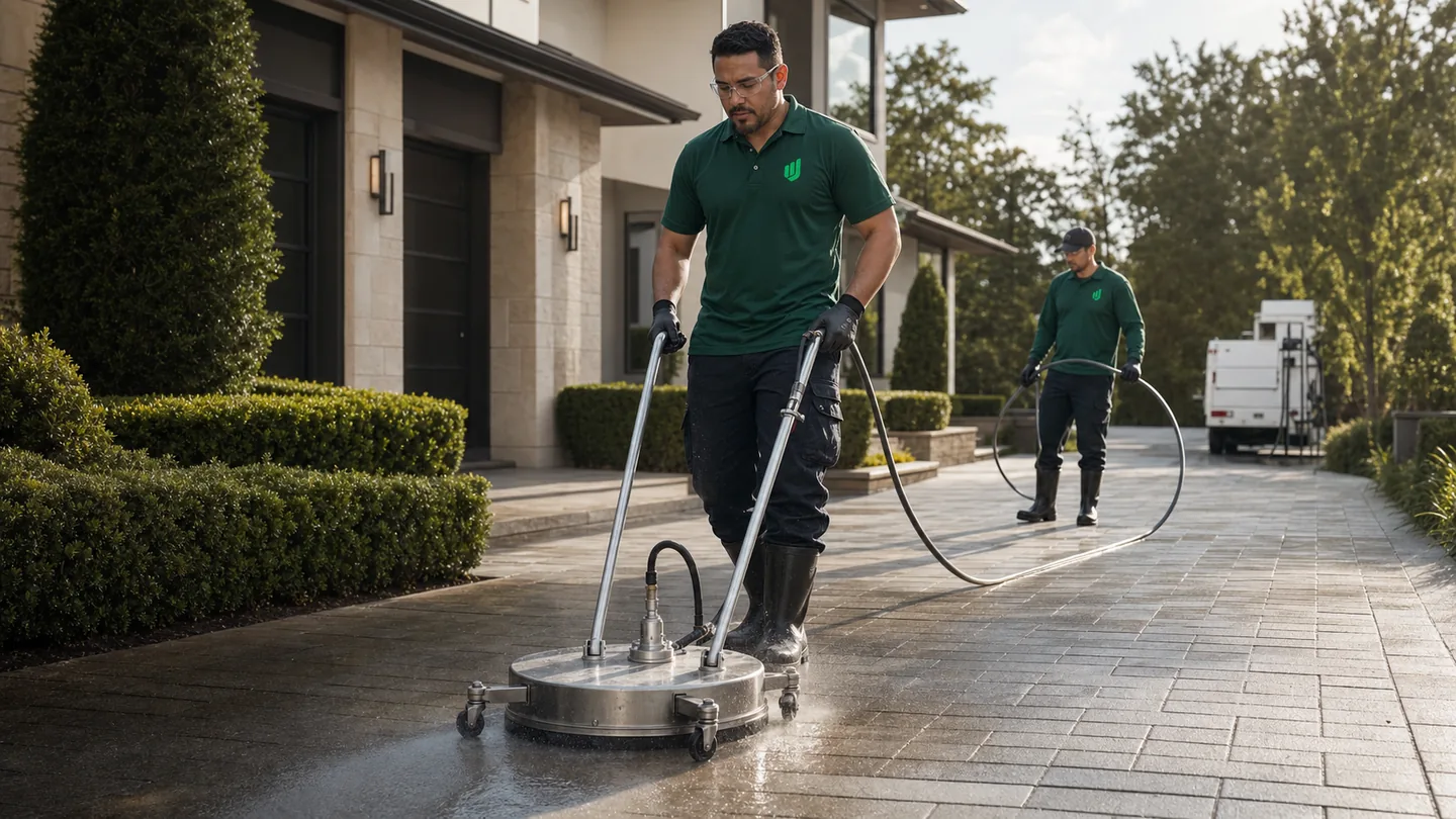 Two Aureo Job pressure washing technicians cleaning an upscale residential driveway