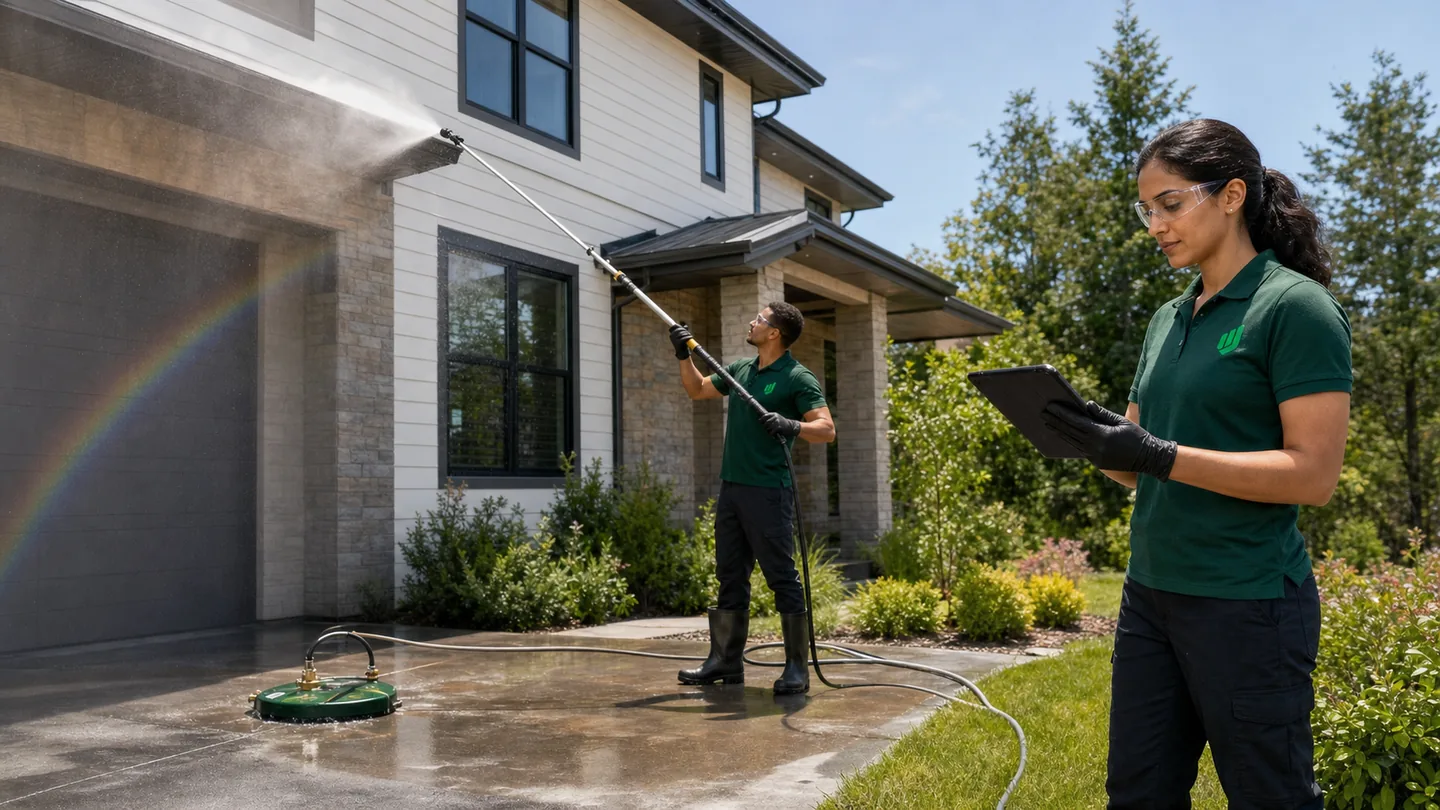 Aureo Job pressure washing crew cleaning a home exterior while a team lead reviews the job plan