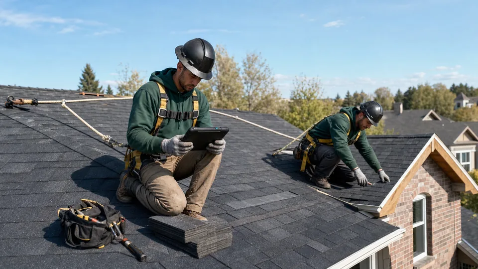 Roof inspection photo with interactive markers for shingles, flashing and safety context
