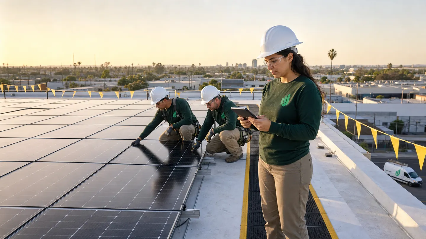 Aureo Job commercial solar crew completing a rooftop photovoltaic installation