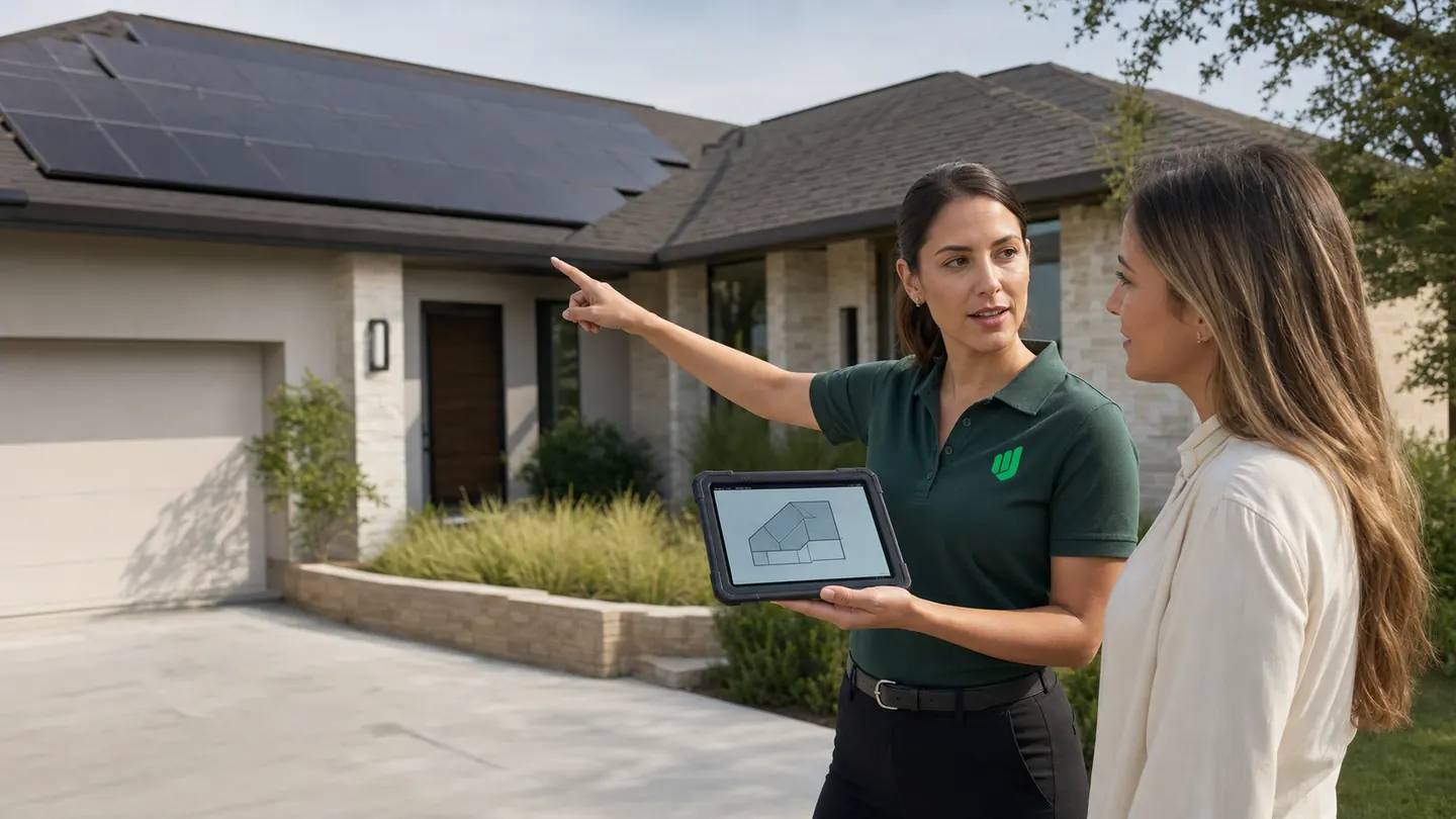 Aureo Job solar advisor reviewing rooftop solar orientation with a homeowner during a site survey
