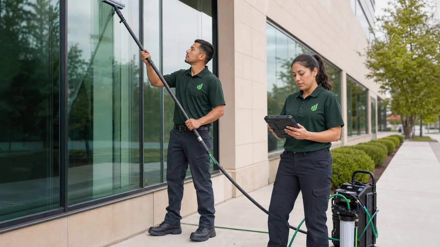 Two Aureo Job window cleaning technicians servicing a modern commercial glass facade