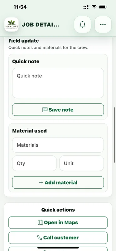 Aureo Job mobile field update form for notes and materials.