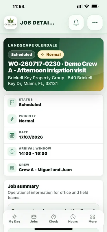 Aureo Job mobile job overview for a scheduled demo irrigation visit.