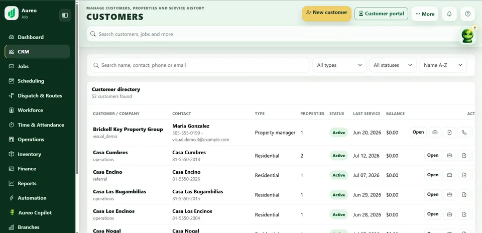 Aureo Job CRM customer directory using demo customer and contact data.