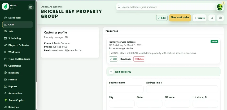 Aureo Job demo customer profile with its property and service record.