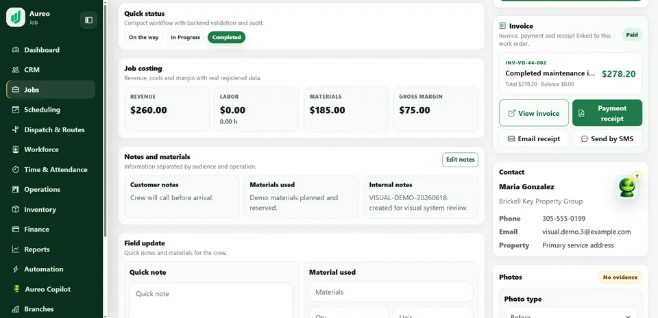 Aureo Job demo job costing, paid invoice and receipt actions.