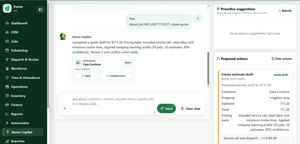 Aureo Copilot demo proposed estimate action awaiting administrator confirmation.